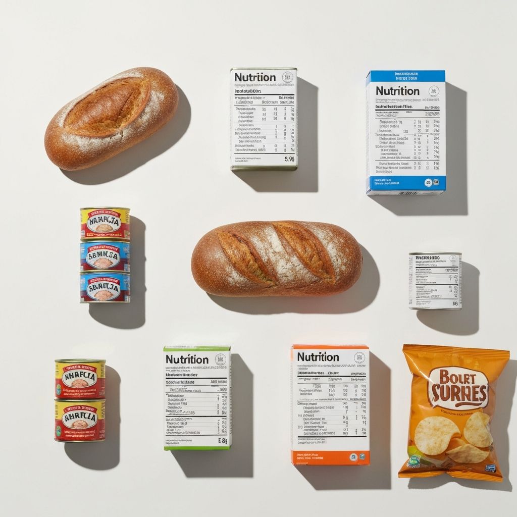 Various food products with nutrition labels